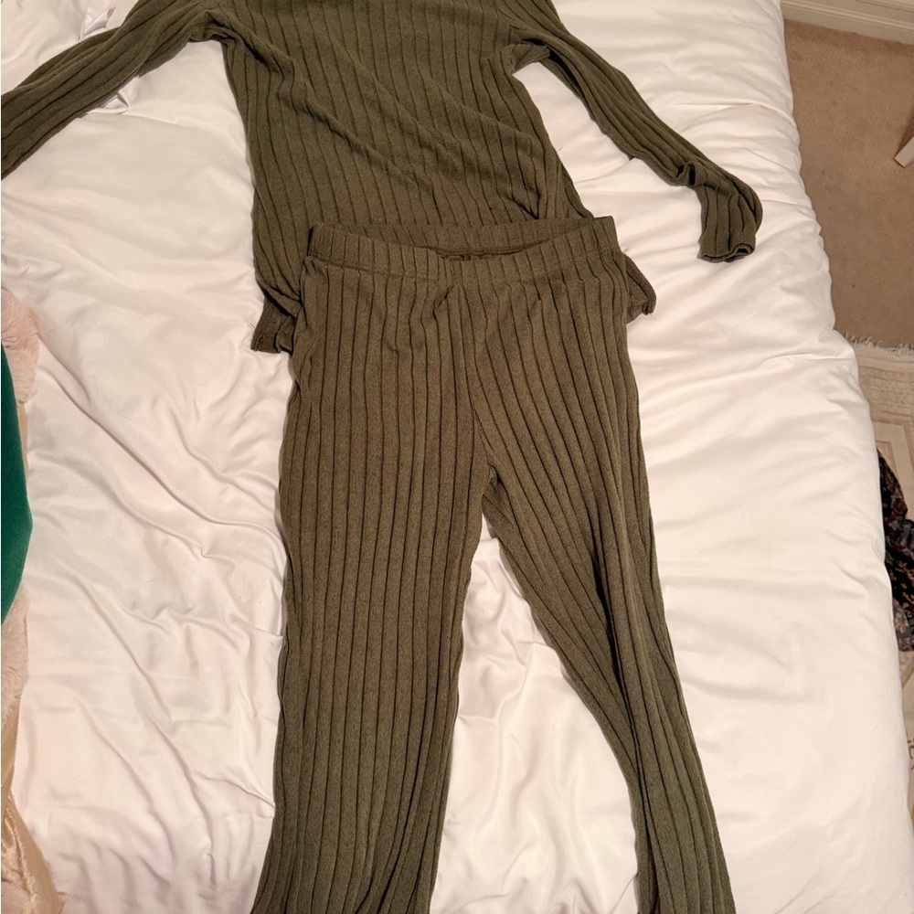 Olive Ribbed Knit Sweater and Pants Set